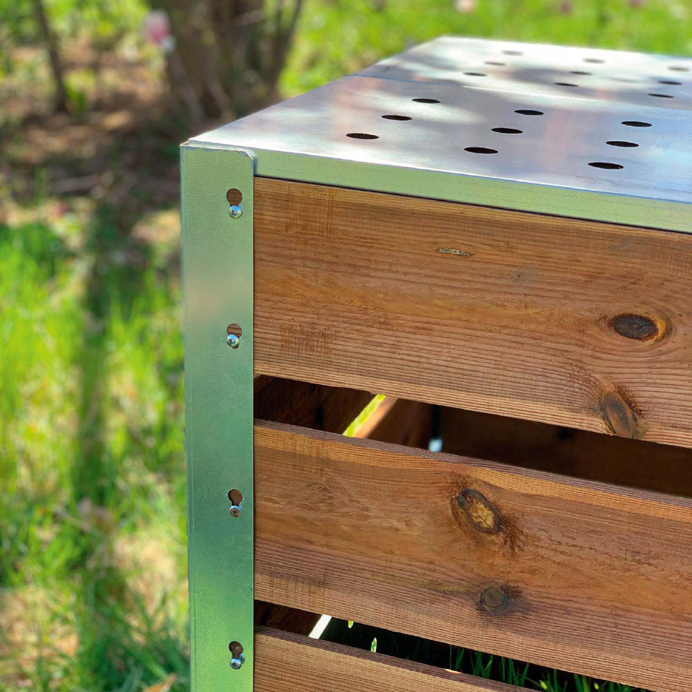 Compostador de jardín exterior de acero y madera sin plástico de 470 litros