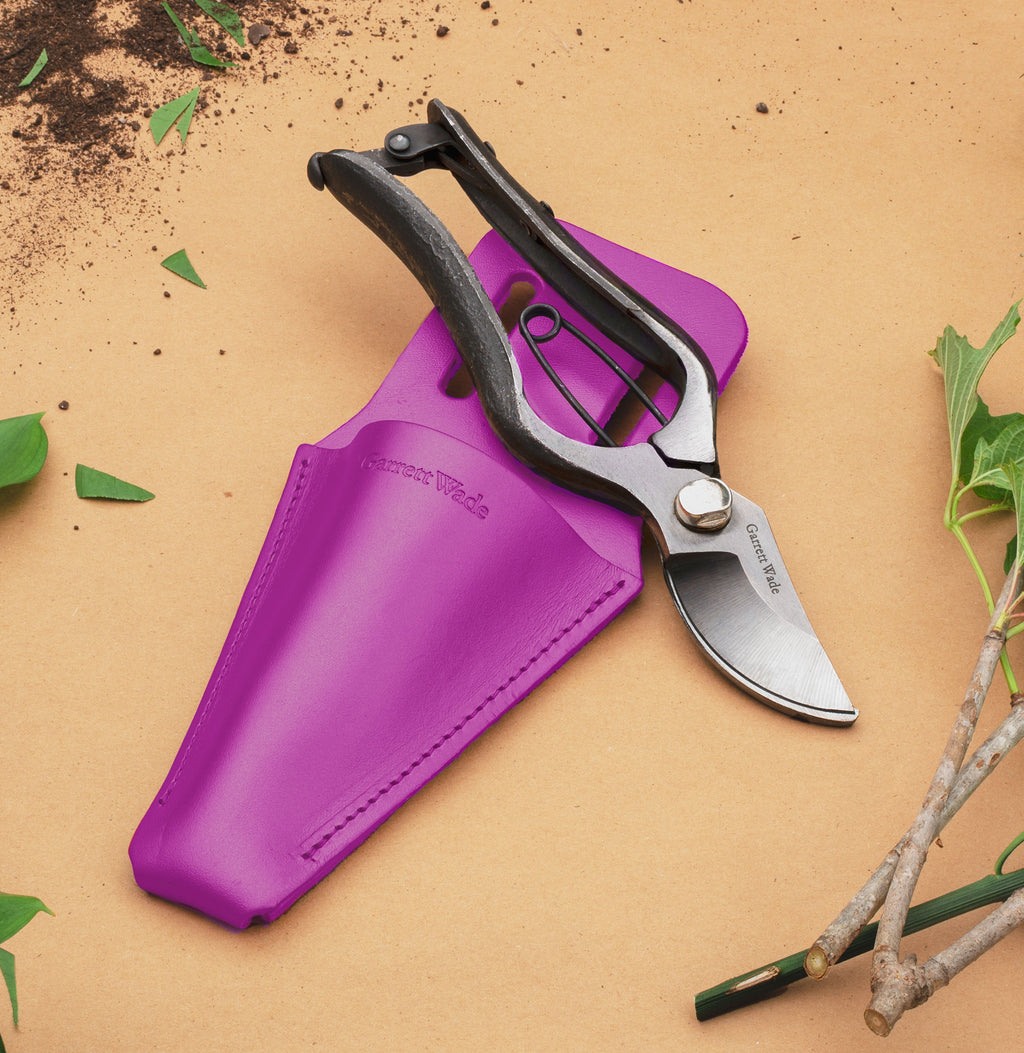 Tijeras de podar de derivación de acero al carbono forjado con funda de cuero púrpura