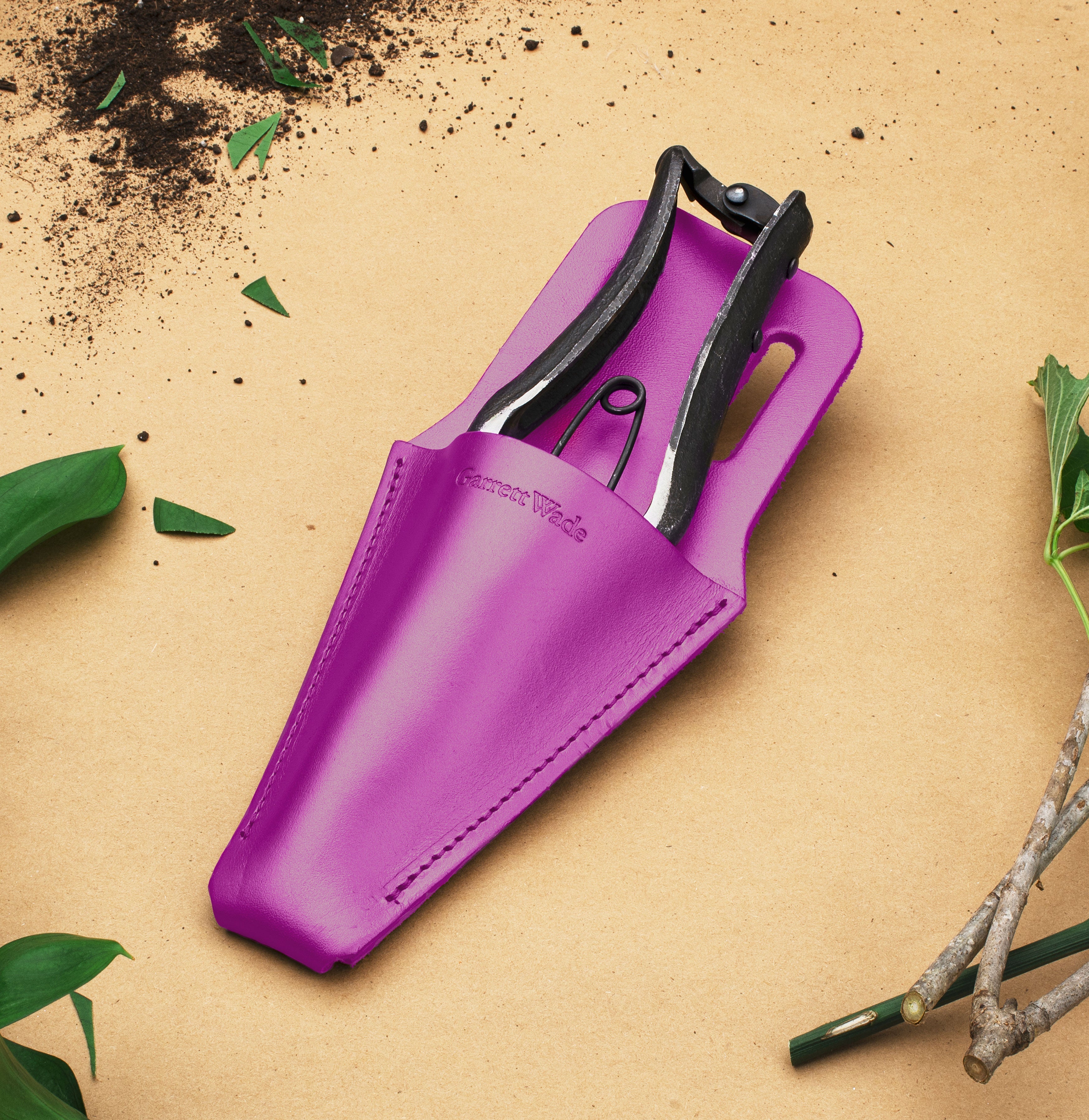 Tijeras de podar de derivación de acero al carbono forjado con funda de cuero púrpura