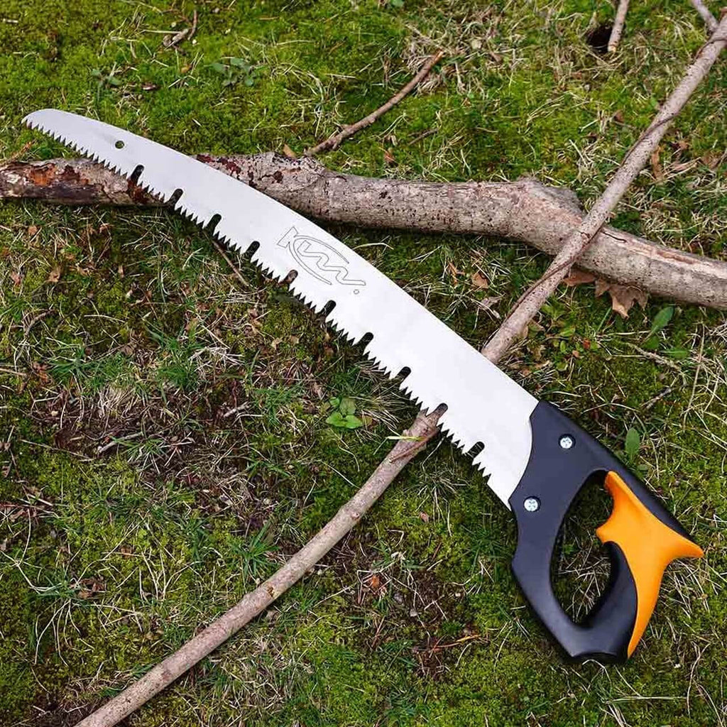 Serrucho de poda de dientes grandes de 20 pulgadas con hoja curva y mango negro/naranja