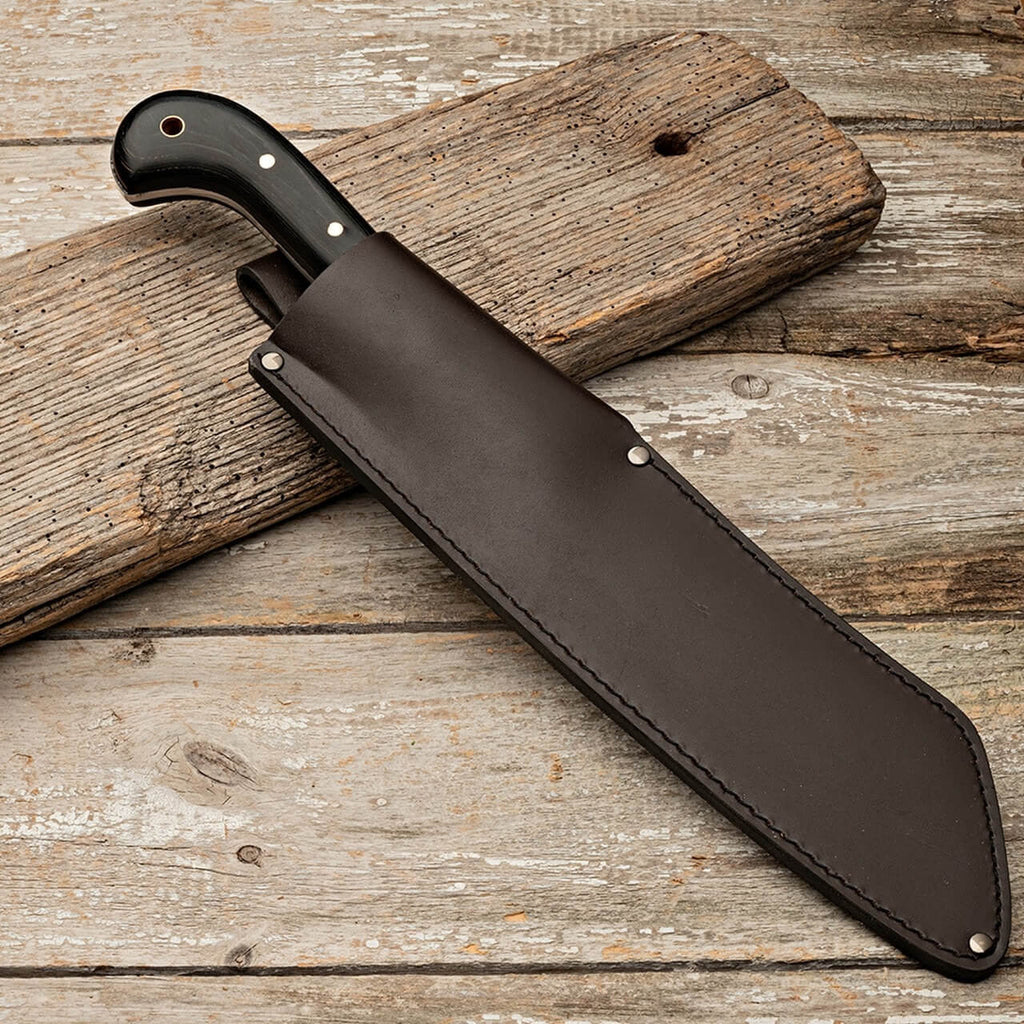 Machete de hoja corta con mango de pakkawood y funda de cuero