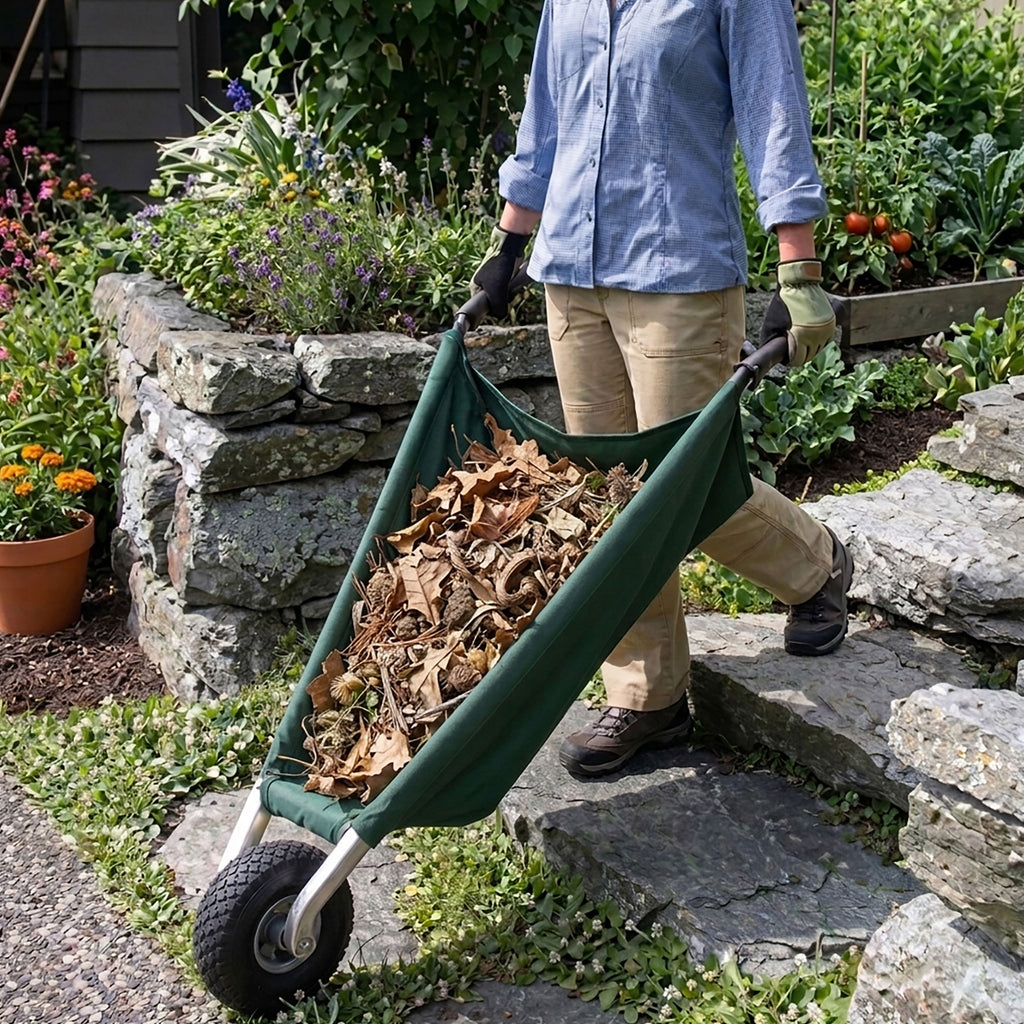Carretilla de lona plegable de 58 pulgadas con ruedas de acero para trabajo pesado de jardín