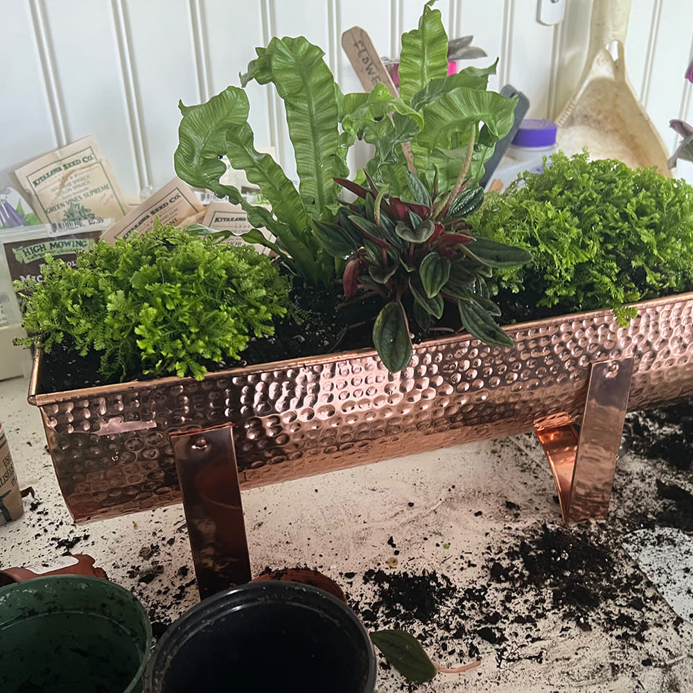 Jardinera de Cobre Macizo Martillado Pequeña para Ventana para Jardines Exteriores