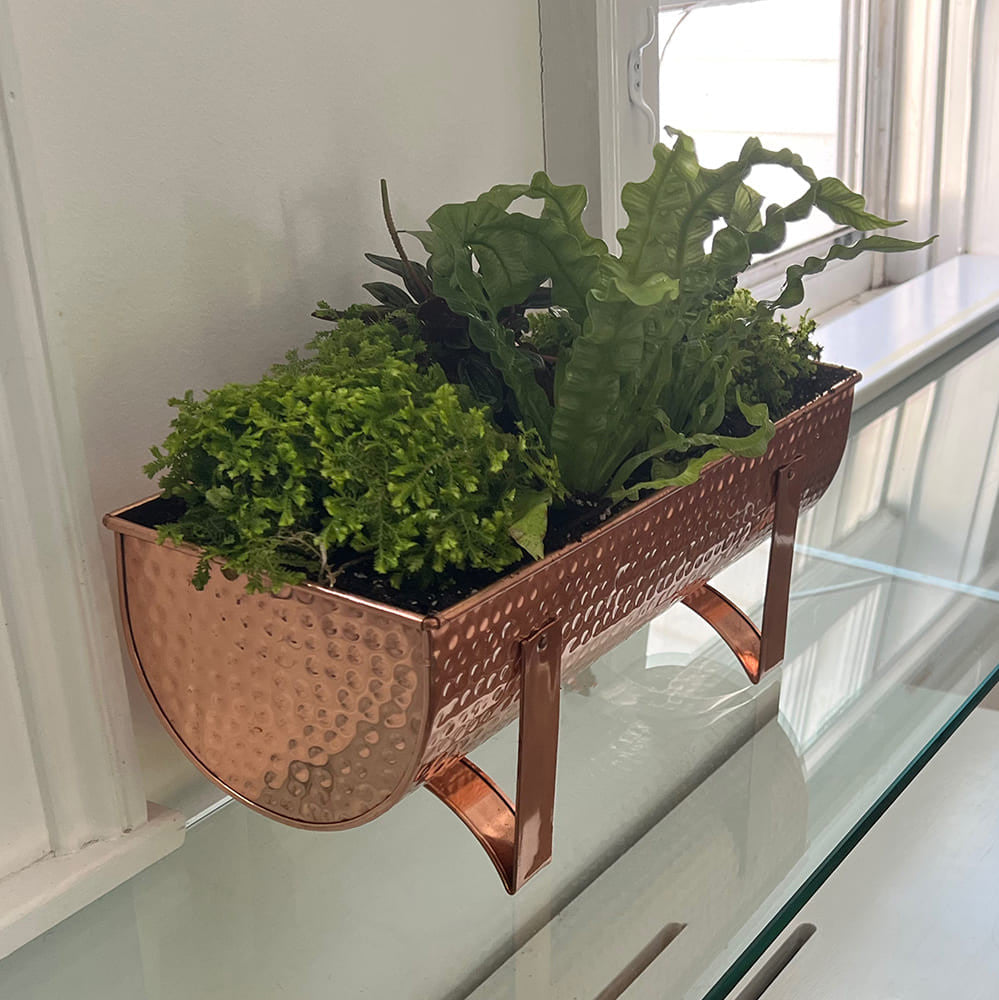 Jardinera de Cobre Macizo Martillado Pequeña para Ventana para Jardines Exteriores
