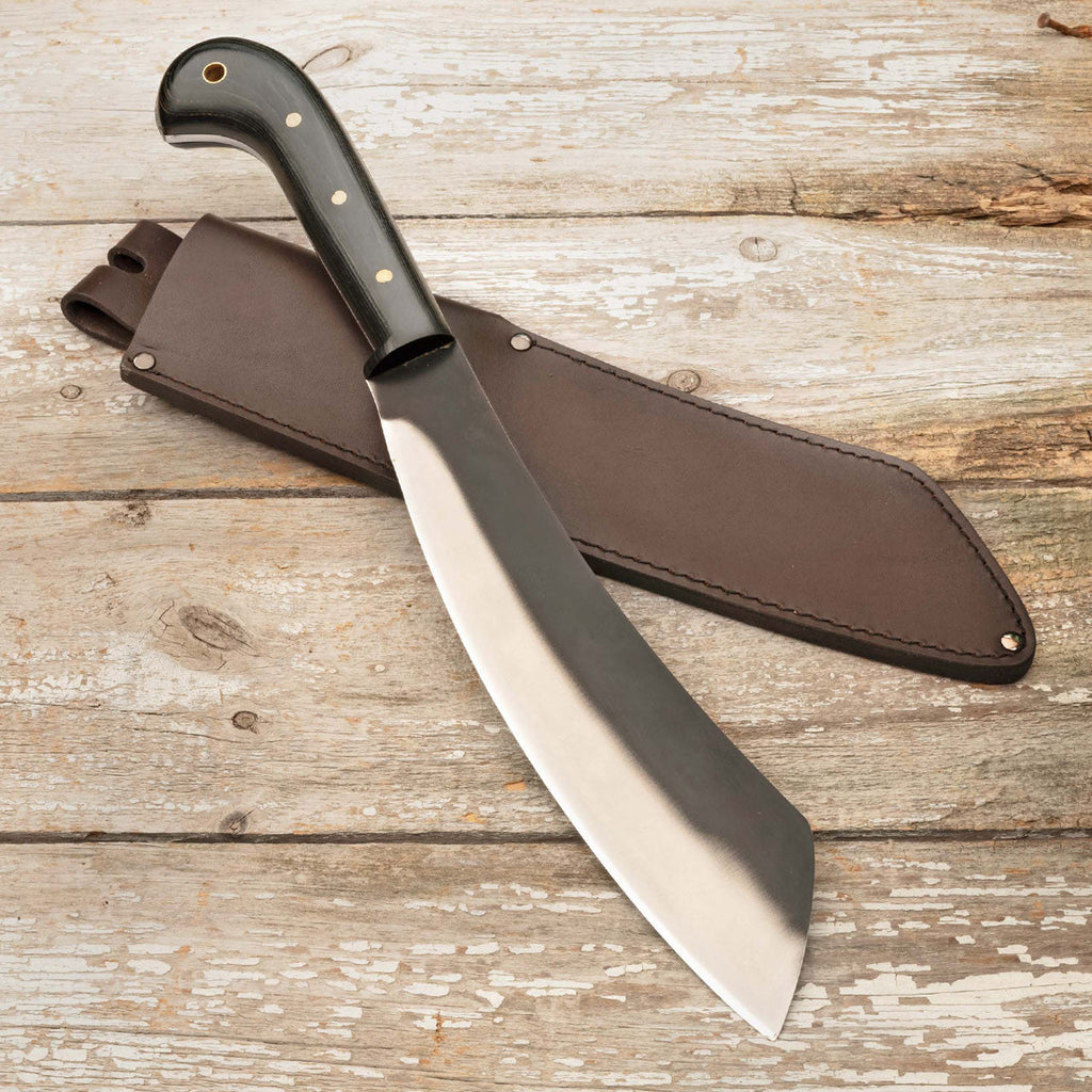 Machete de hoja corta con mango de pakkawood y funda de cuero